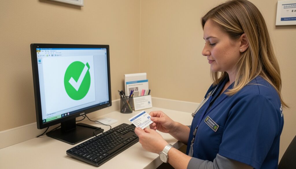 Clinic staff verifying patient insurance card to Reduce Claim Denials in Medical Billing. 