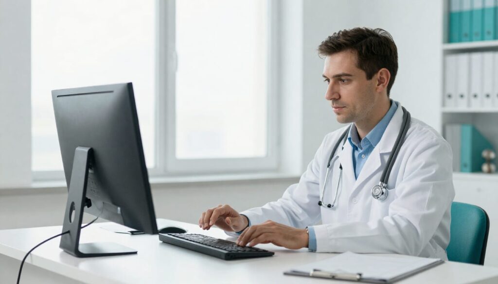 Doctor learning How Medical Billing Helps you Generate more Revenue while typing data on his computer. 